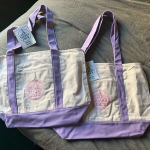 Large Trader Joe's Cream and Lavender Canvas Tote Bag Set of 2